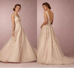 2024 BHLDN Wedding Dresses Romantic V-Neck Sleeveless A Line Champagne Lace Wedding Gowns For Beach Bridal Dress Custom Made