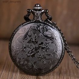 Pocket Watches Antique Vintage Hollow Black Gear Hollow Quartz Pocket Necklace Pendant Clock Chain Mens Women Y240410