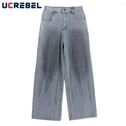 Men's Jeans Washed Distressed Wide Leg Mens Streetwear Loose Elastic Waist Pocket Denim Pants Men Trousers