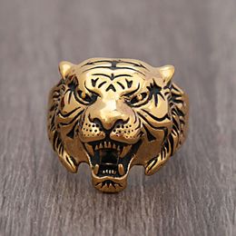 Punk Hip Hop Vintage 14K Gold Tiger Head Ring Men Boy Gold/Steel Colour Tiger Animal Ring Biker Fashion Party Jewellery Gift