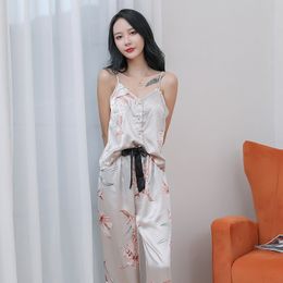 Lady Summer New Silk Satin Sleepwear Suit Women Lace Sexy Print Two Piece Set Pajamas Female Loose Casual Nightwear