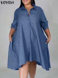 Plus Size 5XL VONDA Women Vintage Shirt Dress Autumn Denim Long Sleeve Asymmetrical Midi Vestidos Solid Elegant Sundress 240410