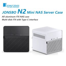 Towers JONSBO N2 ITX Mini NAS Server Small Case AllInOne Aluminium Suitcase Portable Case 5 Hard Disc Location HotSwappable Chassis