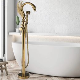 Luxury Golden Bathtub Faucet Swan 2 features hot and Cold Floor Standing Shower faucet