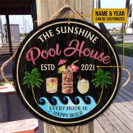 Personalised Swimming Pool Wooden Plate Custom Name&Year Wall Door Hanging Sign Accessories for Happy House Decoration