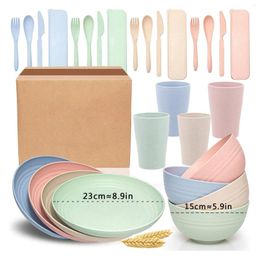 Plates 24PCS Home Outdoor Plastic Dining Plate Bowl Wheat Straw Cup Knife Spoon Tableware Set