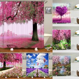 Spring Rural Garden Landscape Shower Curtains Sets Pink Flowers Tree Forest Natural Floral Green Plant Scenery Bathroom Curtain