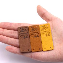 20Pcs Bee Handmade Label Leather Tags For Handmade With Love Labels For Cloth Hand Made Accessories Sew Hat Gift Bag 2x5CM
