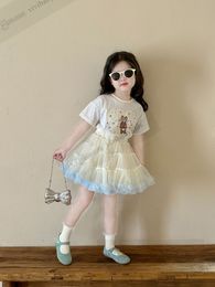 Summer girls cartoon bunny printed T-shirts kids polka dots rabbit love heart patch short sleeve tops children gradient lace tulle tutu skirts Z7616