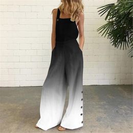 Summer Jumpsuit Women Casual Pockets Baggy Pants Overalls Gradient Floral Striped Beach Wide Leg Long Pants Romper Sleeveless