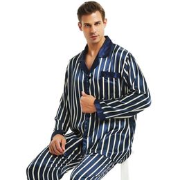 Mens Silk Satin Pajamas Set Pyjamas PJS Sleepwear Loungewear S - 4XL Striped 210918291Q