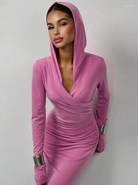 Casual Dresses WeiYao Elegant Folds Long Dress Party Nightclub Outfits Hooded Sports Robe Solid Color Sleeve Sexy For Women