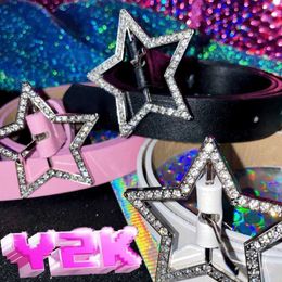 Belts Pink leather elastic rhinestone star buckle Y2K binding embossed waistband pentagonal vintage bride decoration accessoryC240410