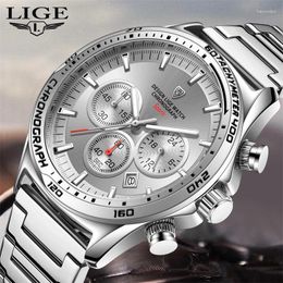 Wristwatches LIGE Mens Watch Sports Stainless Steel Quartz Watches Men Waterproof Chronograph Wristwatch Man Military Clock Relogio