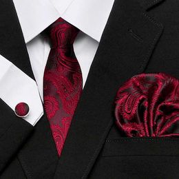 Neck Ties Mens tie red plain print jacquard woven tie Hanky cufflink set used for formal weddings business parties free shippingC240410