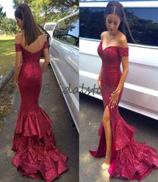 Maroon Sequins Mermaid Prom Dresses Cap Sleeve Sexy Front Slits Tight Fishtail Glitter Formal Evening Gowns Cheap Long Bridesmaid 7801329