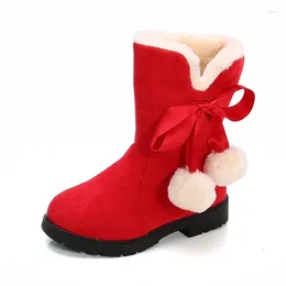 Boots Children's Winter For Girls Princess Medium Big Kids Snow Warm Fur Bowtie With Hairball Cute Sweet Plush Suede