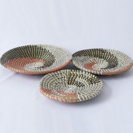 3pcs Boho Woven Wall Basket Decor Handmade Seagrass Hanging Decorative Tray Bowl Fruit Dessert Plate for Living Room Kitchen