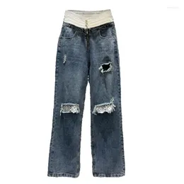 Women's Jeans 2024 Summer Girl Socialite Lace Stitching High Waist Ripped Straight For Women Patchwork Pants