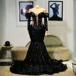 2024 Plus Size Prom Dresses for Black Women Evening Dresses Elegant Off Shoulder Illusion Mermaid Beaded Lace Long Sleeves Birthday Party Dress Reception Gown NL666