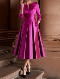 Elegant Fuchsia Evening Dress 2024 Scoop 3/4 Length Sleeve Tea Length Satin Women Prom Formal Gowns Custom Made Robe De Soiree