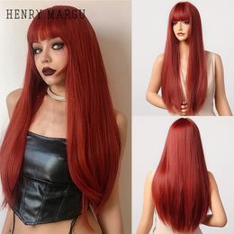 HENRY MARGU Orange Red Ombre Long Straight Wigs for Women Synthetic Wigs With Bangs Cosplay Halloween Wigs Heat Resistant Hair 240409