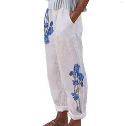 Women's Pants Women Harem Summer Casual Vintage Cotton Linen Elastic Waist Wide Leg Loose Pockets Female Trousers Cropped