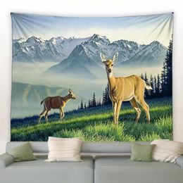 Elk in Winter Forest Tapestry Wild Animal Deer Christmas Tapestries Wall Hanging Home Art Decor Blanket for Bedroom Living Room