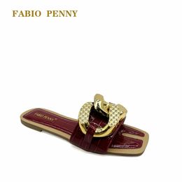 FABIO PENNY Womens sandals metal Cross buckle decoration Womens slippers summer flat bottom Beach Flip Flops Casual shoes 240403