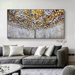 100% Handmade Gold Money Tree Large Knife Oil Painting Abstract On Canvas Modern Home Decor Art Wall Picture For Living Room