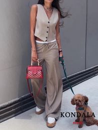 KONDALA Vintage Khaki Office Lady Suit VNeck Single Button Sleeveless Vest High Waist Long Straight Pants Fashion 2023 Autumn 240329