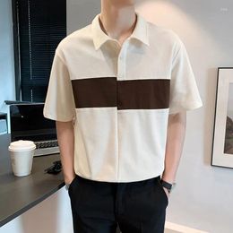 Men's Polos Summer Waffle Short Sleeved Polo Shirt Men American Retro Patchwork Lapel Casual Top Harajuku Clothing Q37