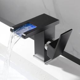 LED Black Waterfall Faucet Tall Brass Bathroom Faucet Hot Cold Mixer Crane Bathroom Sink Faucet Taps