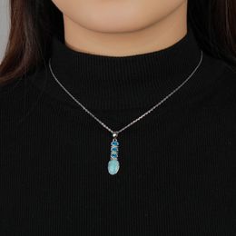 Aesthetic 925 Sterling Silver Jewelry Classic Larimar Pendant Necklace Natural Precious Retro Woman Contracted Style