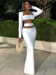 ZHYMIHRE Elegant White Square Collar Crop Top And Long Skirt Two Piece Formal Dress Set Sleeve Hollow Out Office Lady 240329