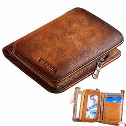 genuine Leather Wallets for Men Vintage Short Multi Functi Busin Purse RFID Blocking Zipper ID Credit Card Holder Mey Bag t7jd#