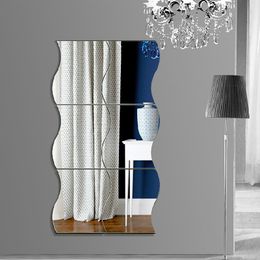 6Pcs/Set 3D Waves Shape Mirror Self-Adhesive Wall Sticker Kitchen Bathroom Living Room Wall Mirrors Home Art Wall Decor