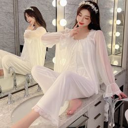 3PC Modal Gauze Sleep Suit Womens Lace Pajamas Gown Set Palace Style Cami Nighties Wear Pijama Home With Breast Pad Nightwear