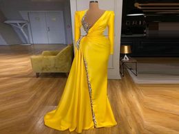 Vestidos De Fiesta Yellow Beaded Evening Prom Dresses Long Sleeve Mermaid Satin Crystals Formal Party Dress Robe De Soiree3624940