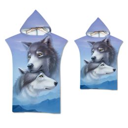 Customizable Adult Children Hooded Microfiber Quick Dry Beach Towel Wolf Pattern Outdoor Changing Robe Poncho Swim Surf Cloak