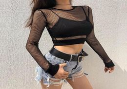 Women039s TShirt Sexy Black Hollow Out Mesh Female Skinny Crop Top 2022 Fashion Summer Basic Tops For Women Fishnet Shirt3221650