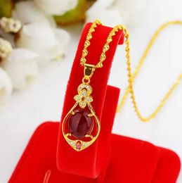 Pendant Necklaces 24K Gold Plated Pendant Necklaces for Women Girls Water Drop Imitated Gemstone Zircon Clover Necklace Wedding Gold Jewellery Gift 240410