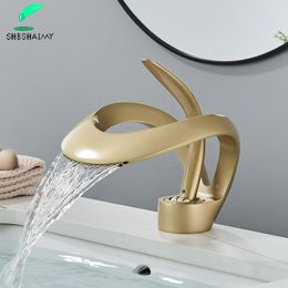 SHBSHAIMY Gun Grey Creative Waterfall Basin Faucet Single Handle Deck Mount Basin Tap Black Brass Bath Hot Cold Water Vanity Tap