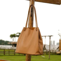 Drawstring Retro Soft Cowhide Bucket Bag Genuine Leather Large Capacity Women's Commuting Tote Handbag