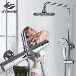 Uythner Bathroom Thermostatic Rainfall Shower Mixer Set Bath Shower Swivel Faucet Chrome Hot and Cold Water Shower Wall Mounted
