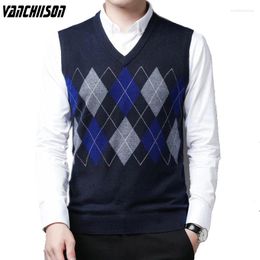 Men's Vests 8% Wool Men Knit Sleeveless Sweater Cardigan Jacket Basic Vest Tank V Neck For Autumn Winter Argyle Casual 00273