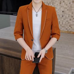 Men's Suits Two-piece Mid-sleeve Suit Set Summer Thin Handsome Men (suit Trousers) Solid Colour Teen Trend Slim-fit Korean