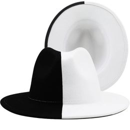 Black White Patchwork Wool Felt Jazz Fedora Hat Women Unisex Wide Brim Panama Party Trilby Cowboy Cap Men Gentleman Wedding Hat 240322