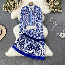 Work Dresses 2024 Fashion Summer Women Print 2 Piece Set Blue And White Porcelain Shirts High Waist Mini Skirts Sets