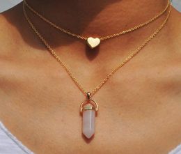 Natural Stones Heart Necklace Fashion Crystal Quartz Chakra Bullet Hexagonal Prism Point Healing Pendant Necklaces Double Layer Go2066204